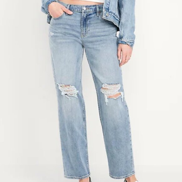 Old Navy NEW Jeans Mid Rise Boyfriend Loose Blue Distressed Sz 6 Western Cowgirl - Picture 1 of 12